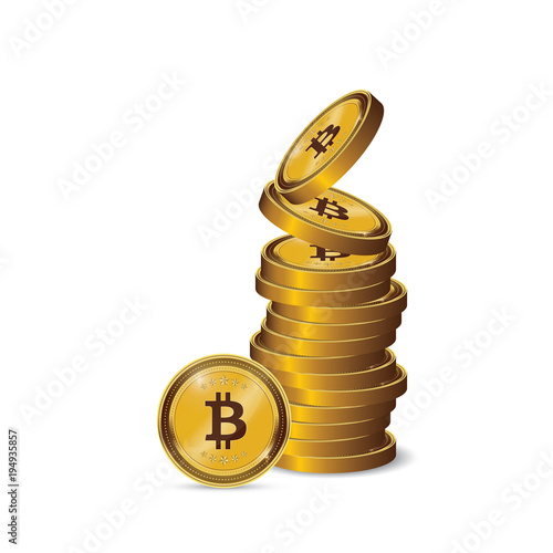 Golden Bitcoins and New Virtual money concept, 3d rendering isolated on white background. Stacks of many gold coins with icon