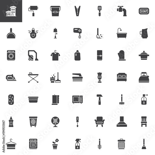 Household elements vector icons set, modern solid symbol collection, filled style pictogram pack. Signs, logo illustration. Set includes icons as house, home, washing machine, vacuum cleaner, fridge