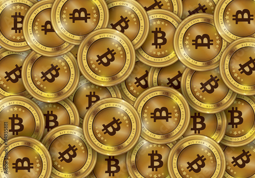 Golden Bitcoins and New Virtual money concept, 3d rendering isolated on white background. Stacks of many gold coins with icon