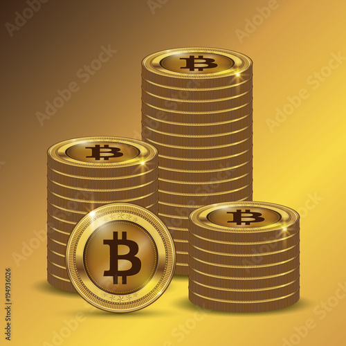 Golden Bitcoins and New Virtual money concept, 3d rendering isolated on white background. Stacks of many gold coins with icon