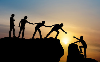 Group of people on peak mountain climbing helping team work , travel trekking success business concept