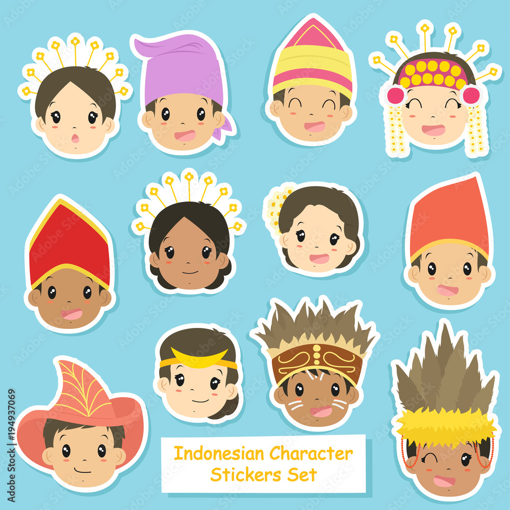Indonesian children character wearing Indonesian headdress. printable stickers template cartoon vector Indonesian children character wearing Indonesian headdress. printable stickers template cartoon vector