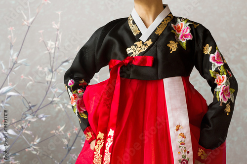 The woman wearing colorful Hanbok, Korean traditional dress in the oriental flower background.  © NoonBusin