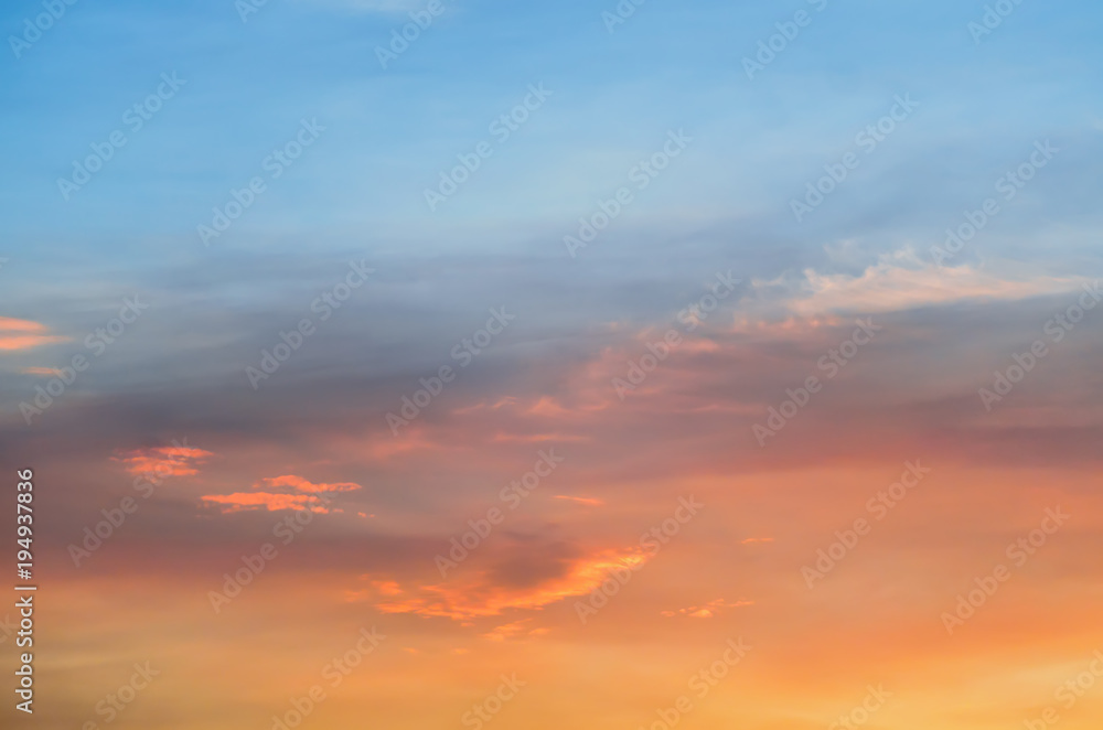 yellow, red, blue sky at sunset of a summer day
