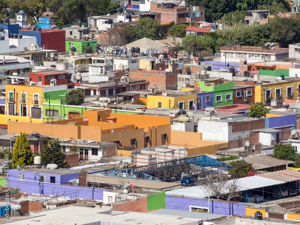 Mexican town with colorful buildings and church, cathedral