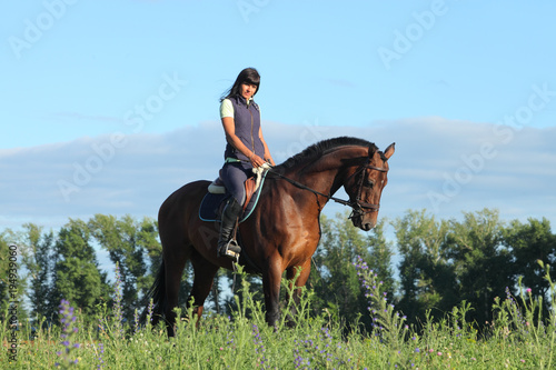 Young woman riding a horse in nature 