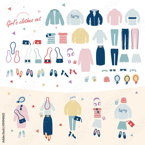 Set of girl s fashion clothes vector illustration. casual style. 