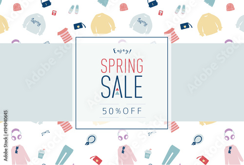 Spring sale background with girl clothes and accessories. Vector illustration template.