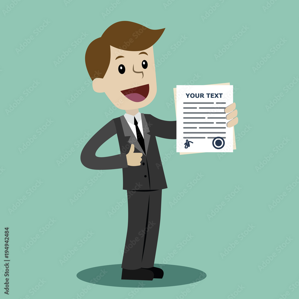 Businessman or manager holding a contract or another document with signature. Happy, smile.