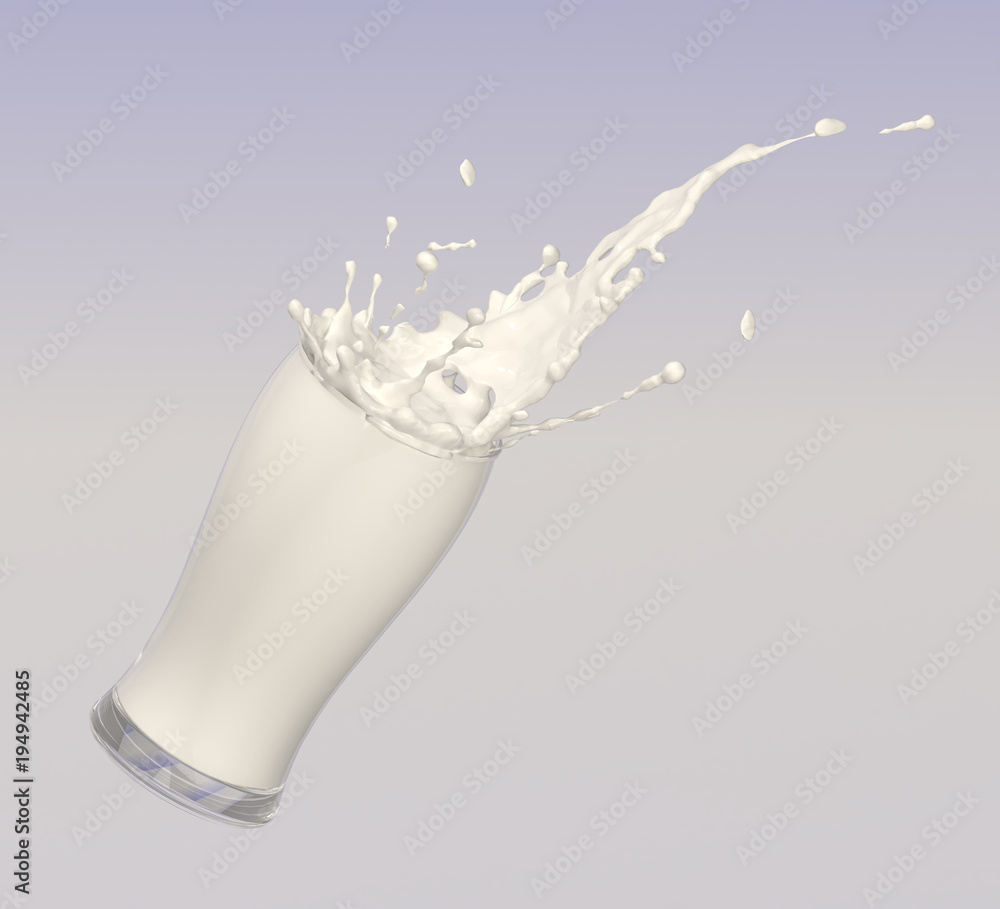 milk splash in a glass 3D illustration on blue background,isolated