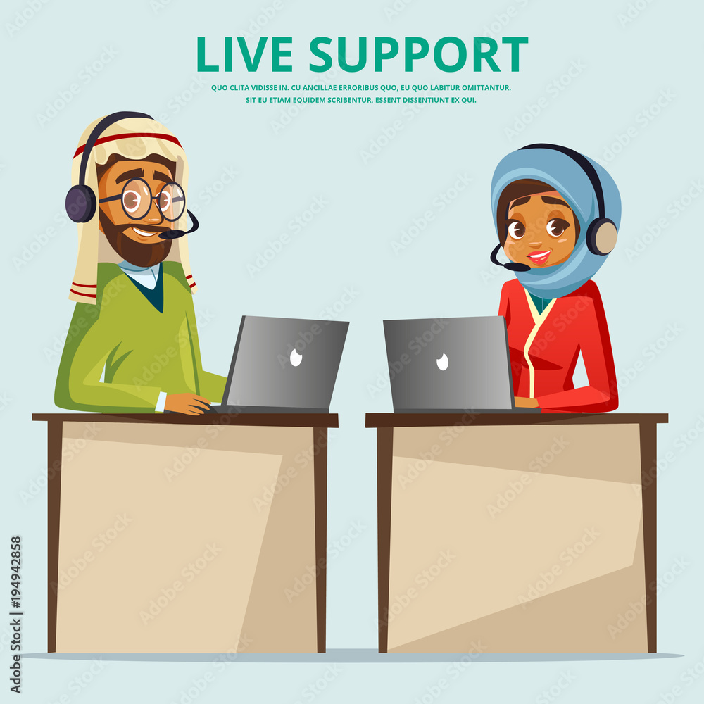 Vector cartoon muslim arab man woman call center helpline workplace desk. Male female office arabic customer support service operator in hijab, headset microphone. Communication business assistant. Vector cartoon muslim arab man woman call center helpline workplace desk. Male female office arabic customer support service operator in hijab, headset microphone. Communication business assistant.