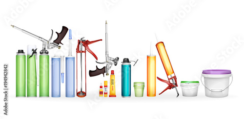 Construction foam, silicone sealant, paint and glue vector illustration of 3D realistic container bottles package for home repair or renovation. Caulking gun, super glue and putty bucket mockup models