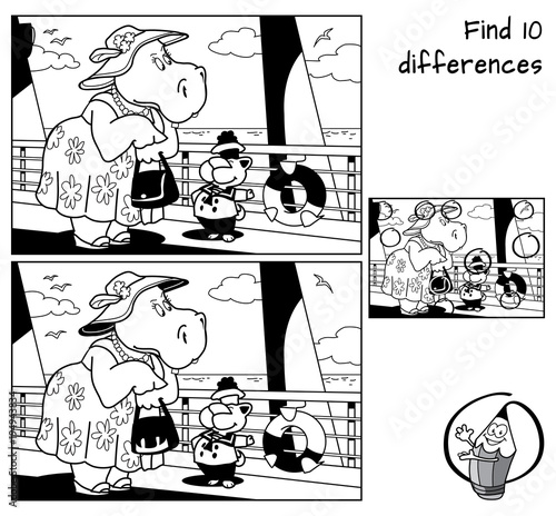 Sea cruise. Find 10 differences. Educational game for children. Black and white cartoon vector illustration