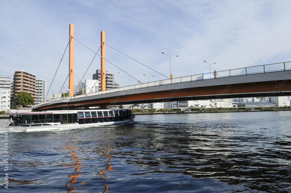 隅田川の新大橋と水上バス