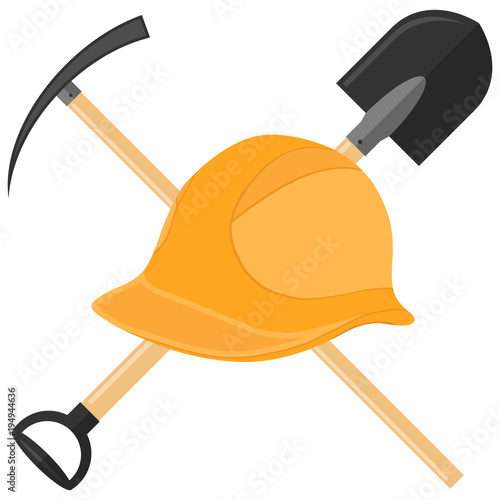 Helmet with a shovel and pickax. Icon helmets Miner.