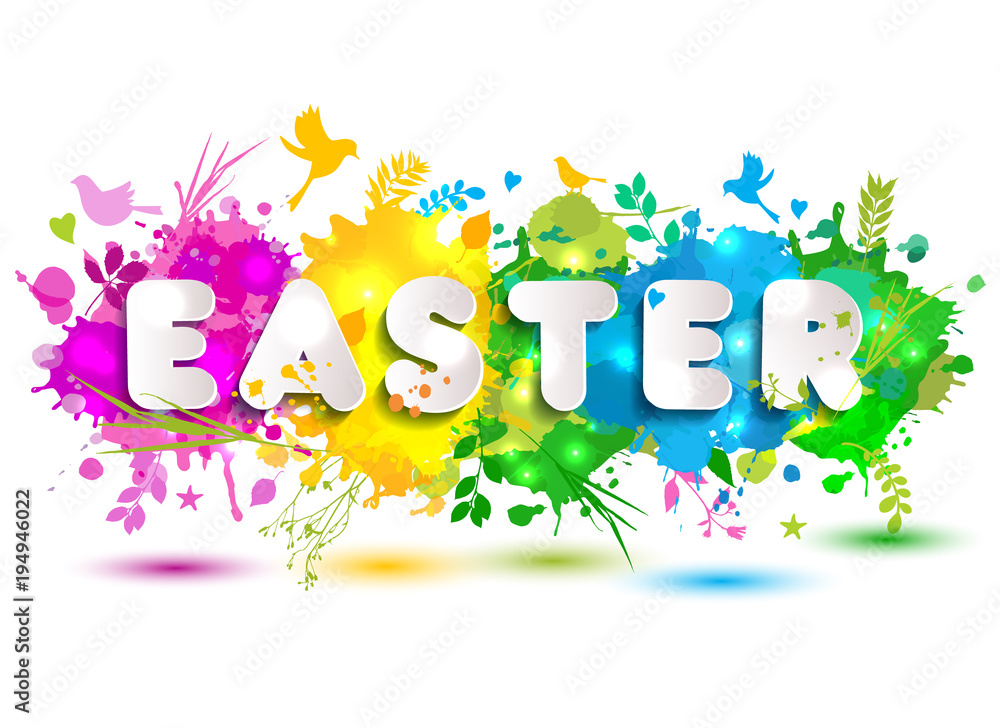 Fototapeta premium Colorful Happy Easter greeting card with spring elements composition. Colorful hand drawn blots.