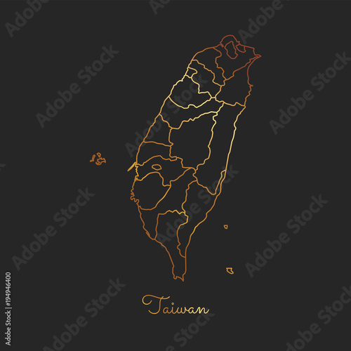 Taiwan region map: golden gradient outline on dark background. Detailed map of Taiwan regions. Vector illustration.