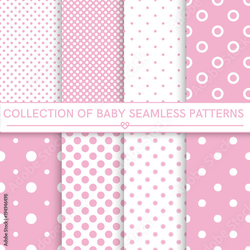 Collection of baby seamless patterns.White and pink colors. Seamless pattern included in swatch panel.Design for fabric, web background, wallpaper, cards, prints of baby goods.Vector background.