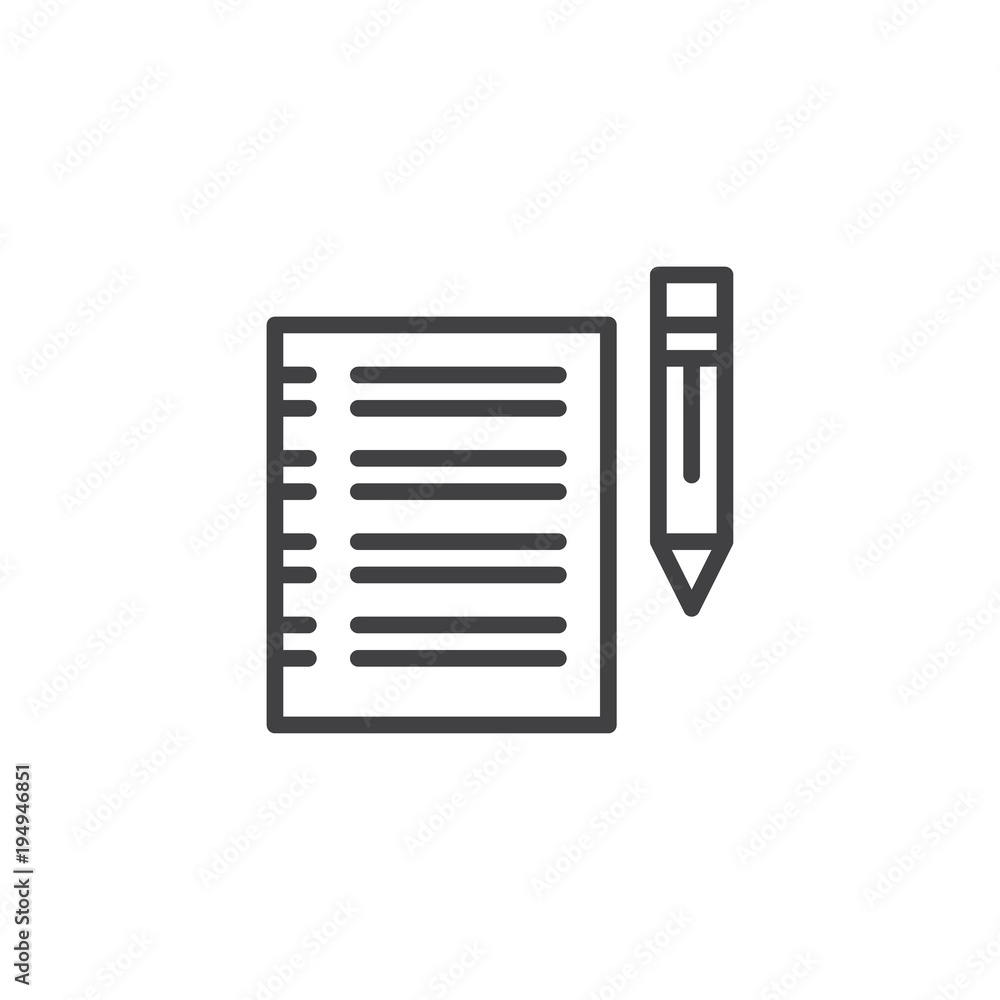 Paper and pencil outline icon. linear style sign for mobile concept and web design. Form, Notes simple line vector icon. Symbol, logo illustration. Pixel perfect vector graphics Paper and pencil outline icon. linear style sign for mobile concept and web design. Form, Notes simple line vector icon. Symbol, logo illustration. Pixel perfect vector graphics