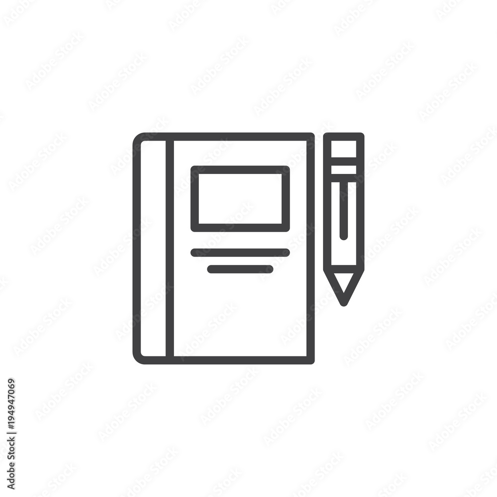Notebook and pen outline icon. linear style sign for mobile concept and web design. Book with pencil simple line vector icon. Symbol, logo illustration. Notebook and pen outline icon. linear style sign for mobile concept and web design. Book with pencil simple line vector icon. Symbol, logo illustration.