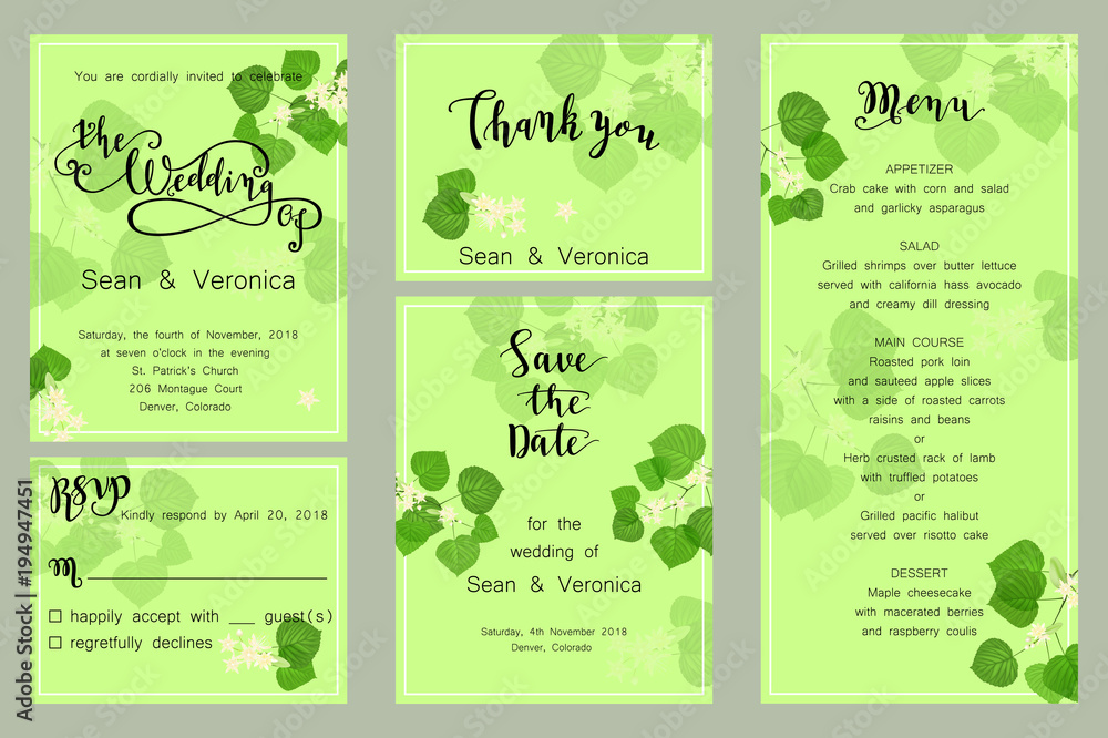 Save the date card, wedding invitation, greeting card with beautiful flowers, green leaves of linden and letters