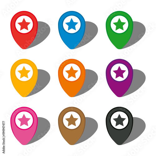 Set of nine colorful map pointers with star sign in white circle and with shadow. Vector illustration
Free Download Set of nine colorful map pointers with star sign in white circle and with shadow. Vector illustration
- GFXLoad