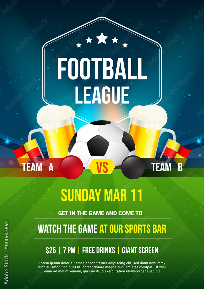 Φωτογραφία Football league tournament poster vector illustration, Ball with fresh lager beer in a beer mug on football pitch