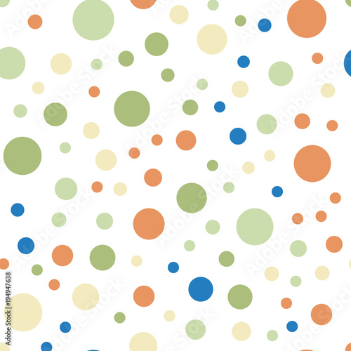 Colorful polka dots seamless pattern on white 6 background. Wondrous classic colorful polka dots textile pattern. Seamless scattered confetti fall chaotic decor. Abstract vector illustration.