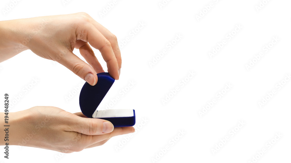 female hand holding box for ring. Isolated on white background. copy space, template. female hand holding box for ring. Isolated on white background. copy space, template.