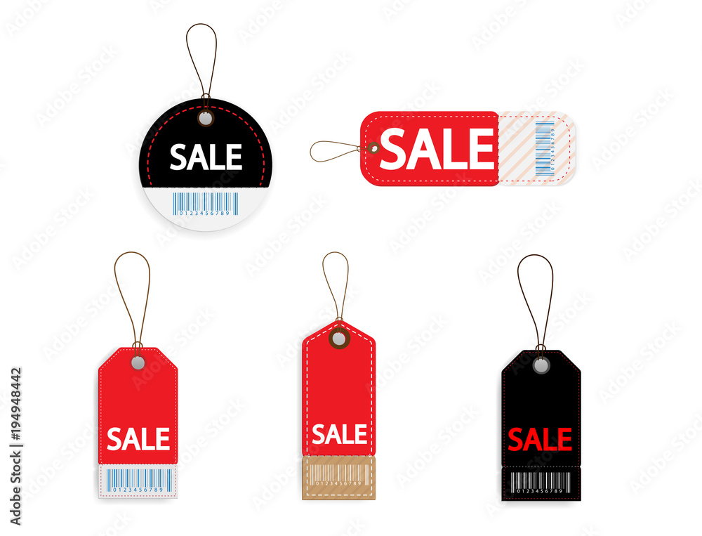 set of price discount sale tag label with barcode background
