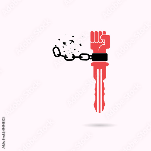 Creative key sign and human hands and broken chain with the bird symbols.Success and Freedom concept.Vector illustration