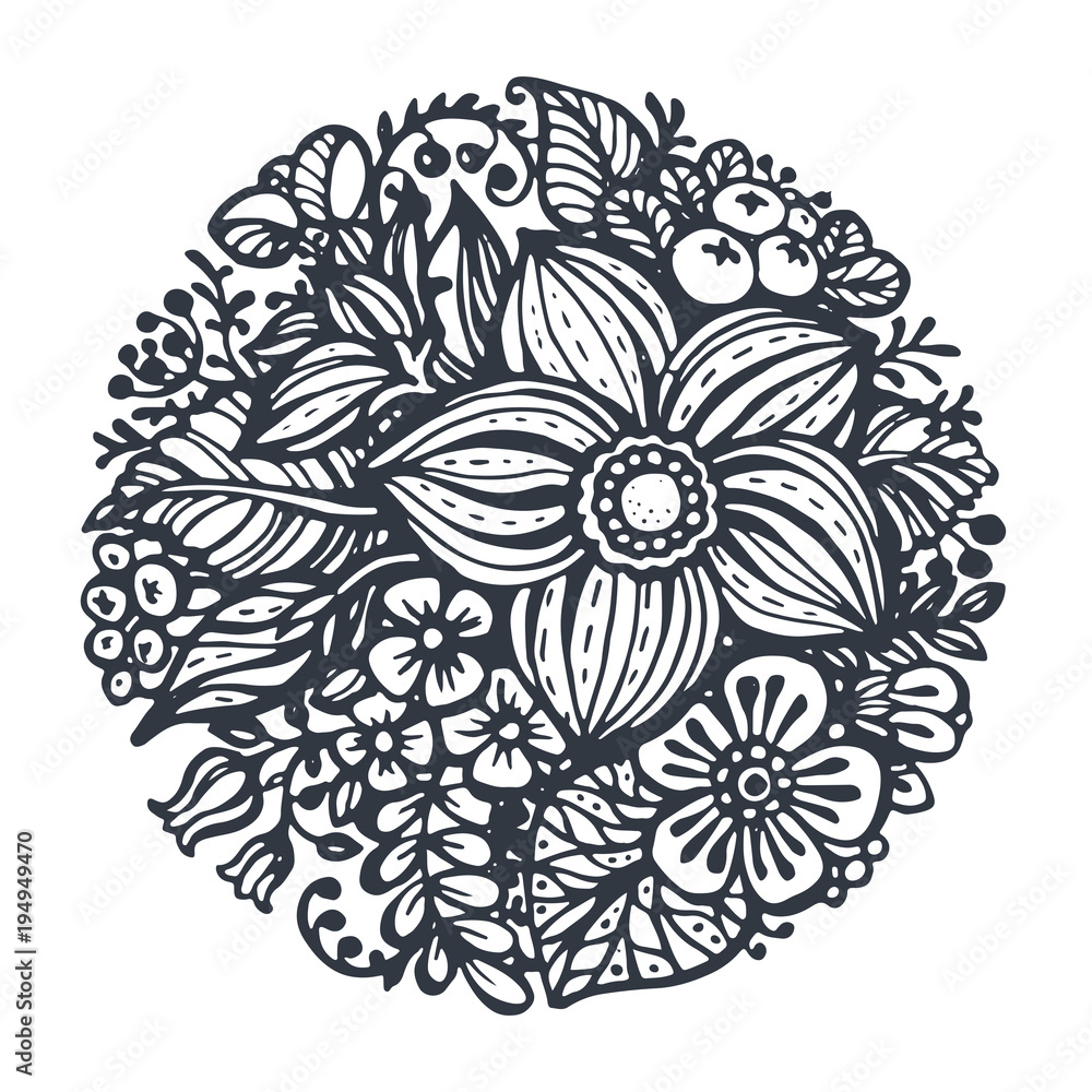 Beautiful vector flowers and plants in the circle.