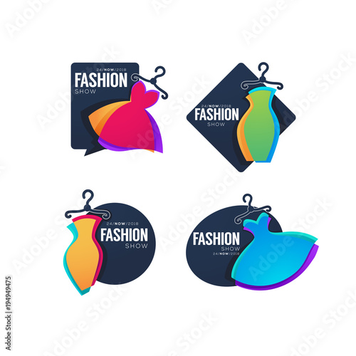 vector collection of fashion show logo, label, emblems with bright  dresses and lettering composition for your brand boutique and store