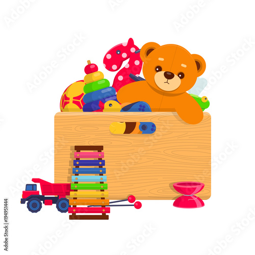 Wooden box full of kids toys. Set of different kids toys in a wooden box on white background. Vector illustration