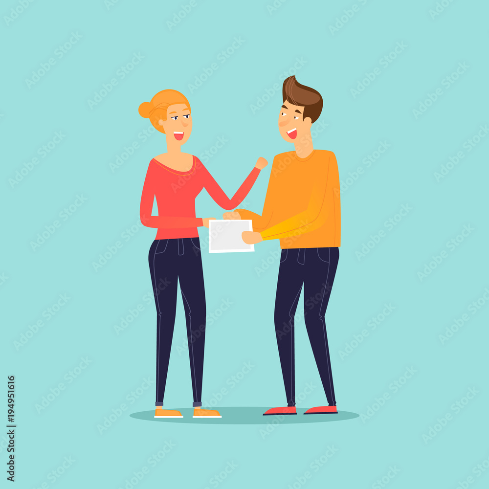 Fototapeta premium Business characters. Co working people, meeting, teamwork, collaboration and discussion, conference table, brainstorm. Workplace. Office life. Flat design vector illustration.