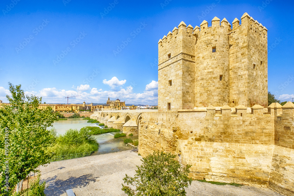 Cordoba, Spain, Andalusia. callahora tower and roman bridge on guadalquivir river.