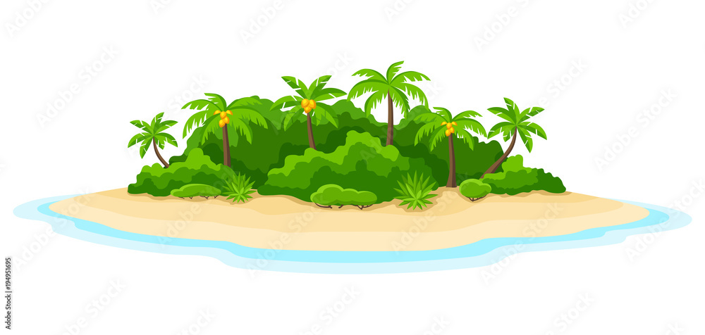 Illustration of tropical island in ocean. Landscape with ocean and palm trees. Travel background - obrazy, fototapety, plakaty 