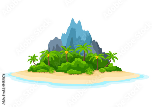 Illustration of tropical island in ocean. Landscape with ocean, palm trees and rocks. Travel background