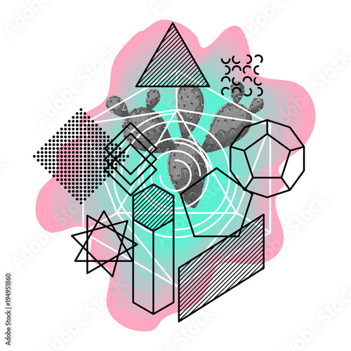 Background with abstract geometric shapes and cactus. Line art print