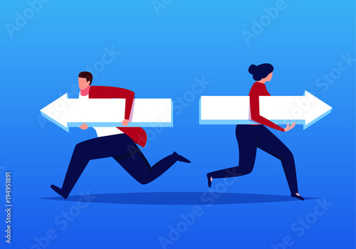 Male and female business people holding arrows to run in different directions