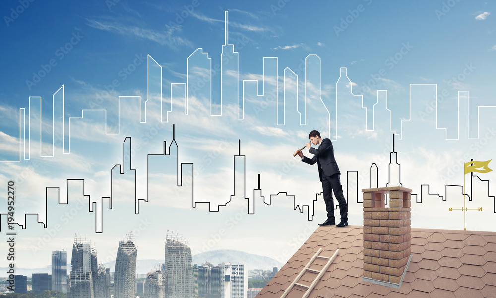 Engineer man standing on roof and looking in spyglass. Mixed med Engineer man standing on roof and looking in spyglass. Mixed med