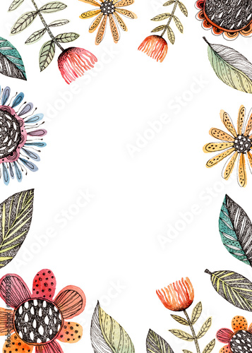 Watercolor vertical frame with bright flowers and leaves isolated on white. Template for a greeting or save the date card.