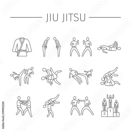 Jujutsu martial art line icons. Vector sports signs.