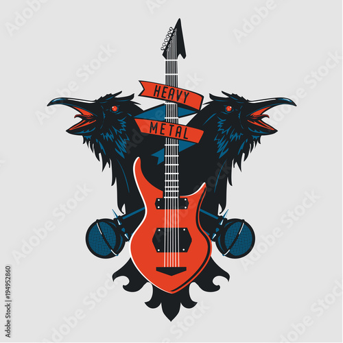 Rock music emblem. Vintage sign with guitar, microphones and birds. Isolated tattoo art