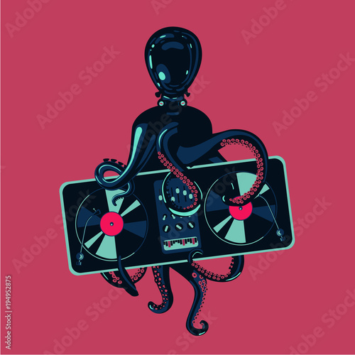 Octopus tentacles with vinyl record turntable. Hip-hop party poster template. Electronic music festival.