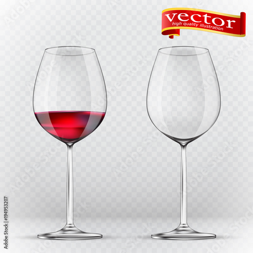 Transparency wine glass. Empty and full. 3d realism, vector icon