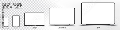 Set Mock-up of realistic devices. Smartphone, tablet, laptop, monitor and TV on a transparent and white background. Flat vector illustration EPS 10