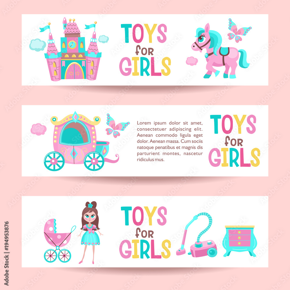 Set of banners with space for text. Pink fairy lock, carriage, toys for girls. Vector illustration.