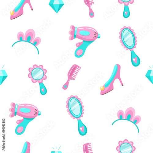 Seamless pattern. On white background. Pink hair salon accessories. Hair dryer, hairbrush, mirror, tiara.