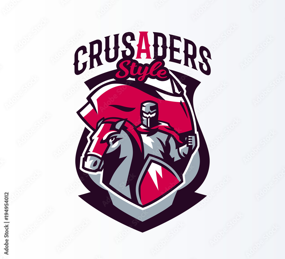 Emblem, logo, sticker, knight with flag on horseback. Crusader, swordsman, warrior, armor, banner, stallion. Shield, lettering, print. Vector illustration